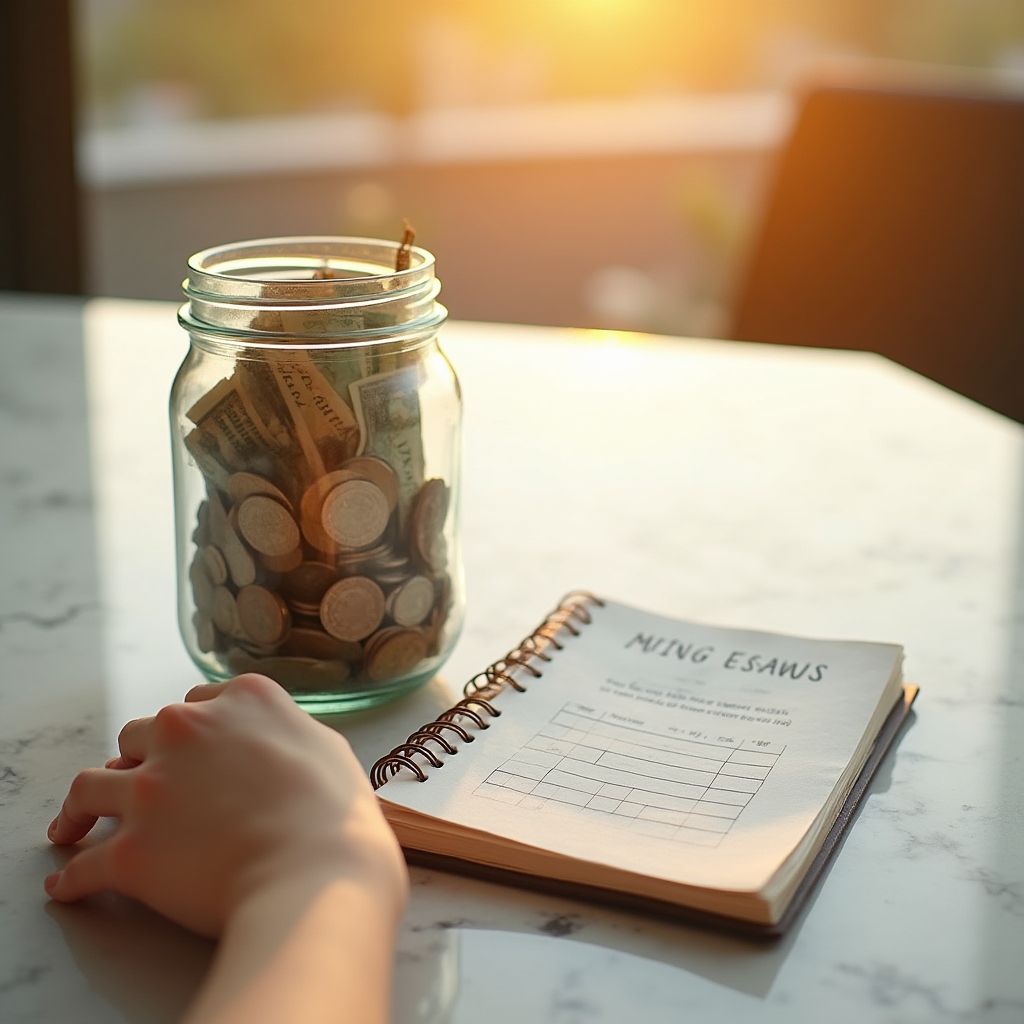 A clear savings jar with coins and notes beside a notepad showing savings goals and progress