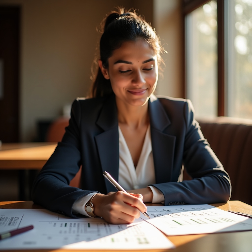 Person studying financial documents at a well-lit desk with organised notes