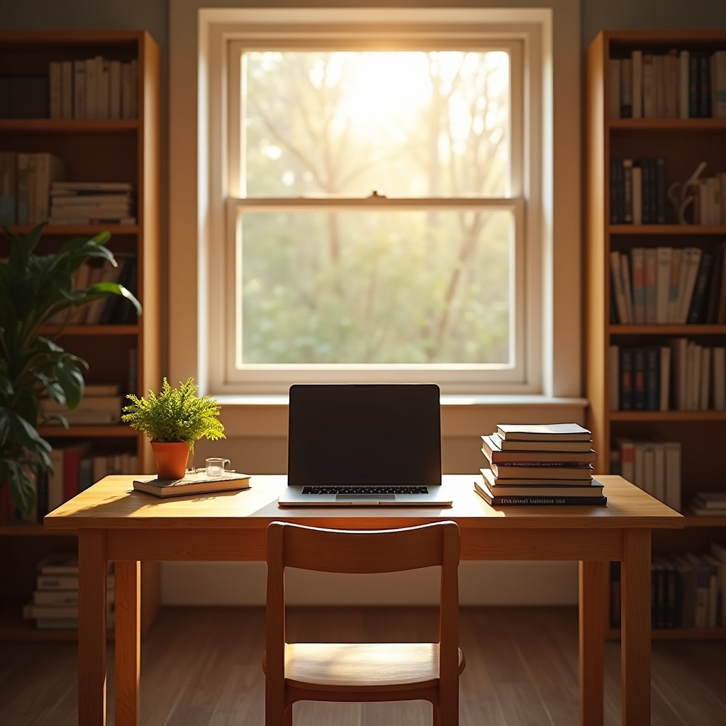 Bright, organised study space with financial books, a laptop, and natural light through a window