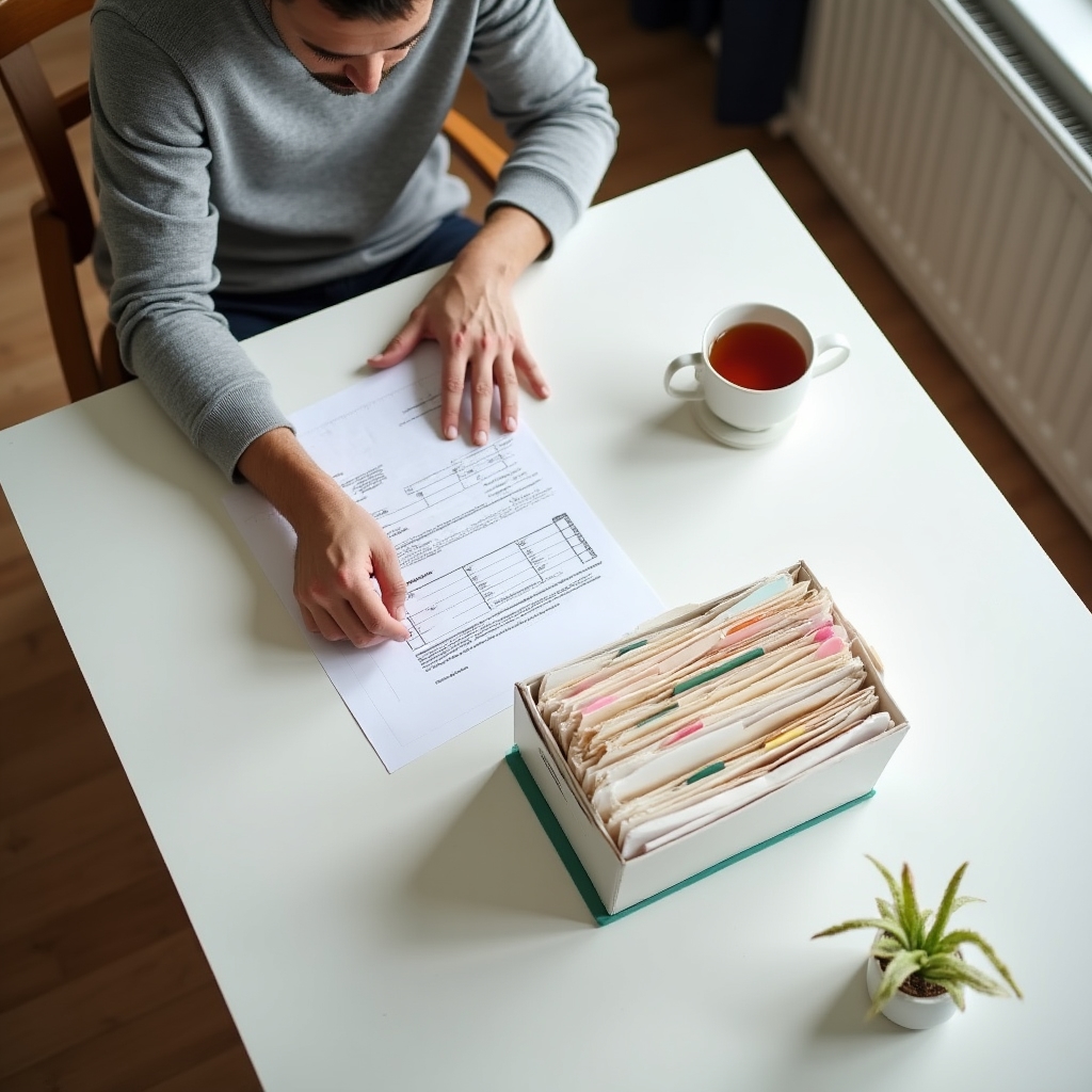 Organised household bills and folders on a clean kitchen table with natural light