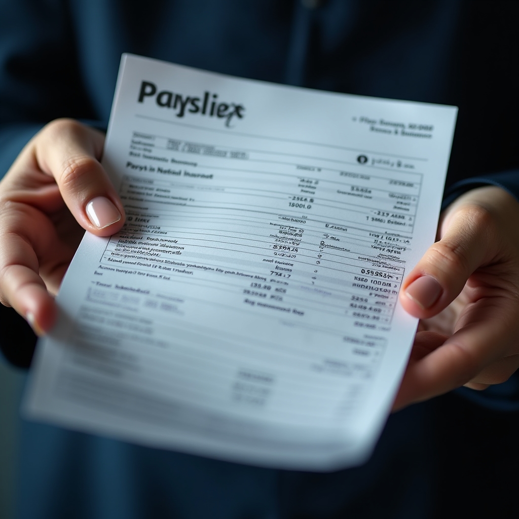 Close-up of a UK payslip showing PAYE deductions and National Insurance contributions