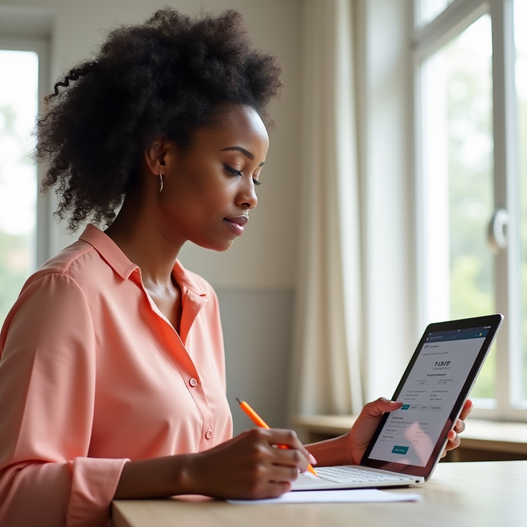 Person marking progress through a structured course on a tablet device in a bright home environment