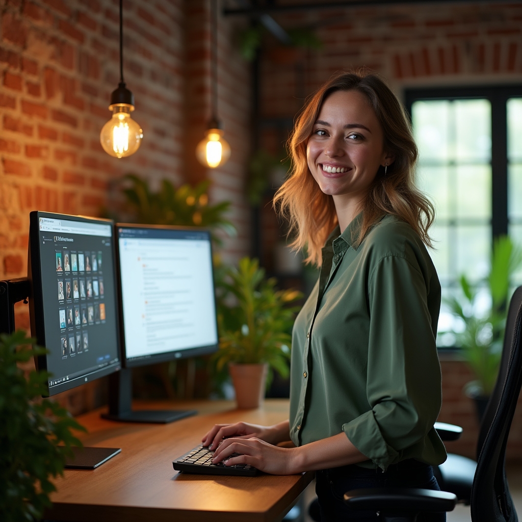 Community manager at a standing desk managing webinar scheduling and learner communications in a contemporary workspace