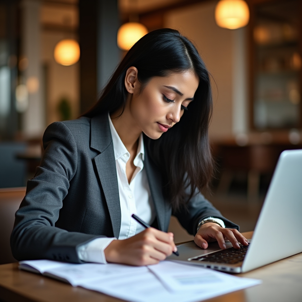 Content director at GBPress, a professional in their late twenties reviewing financial education materials at a desk