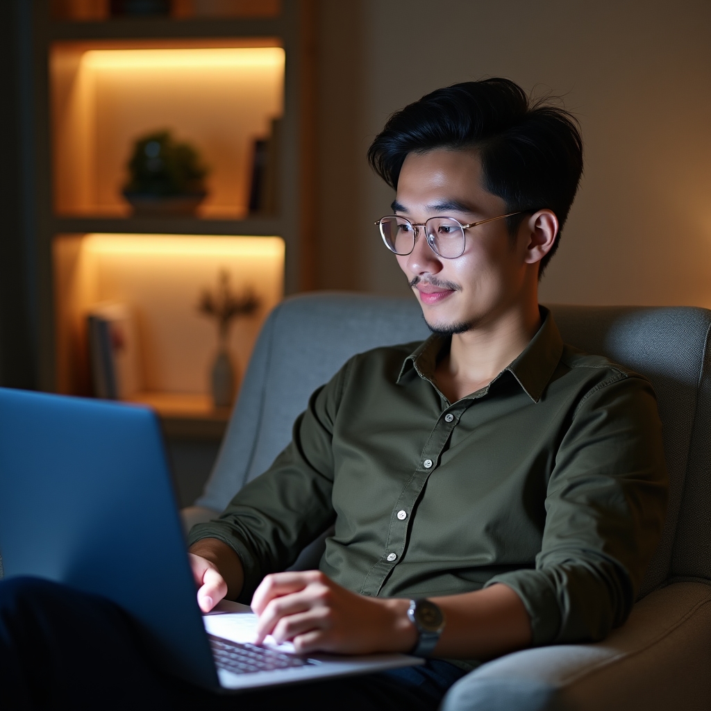 Young professional watching a financial tutorial on a laptop in a comfortable study setting